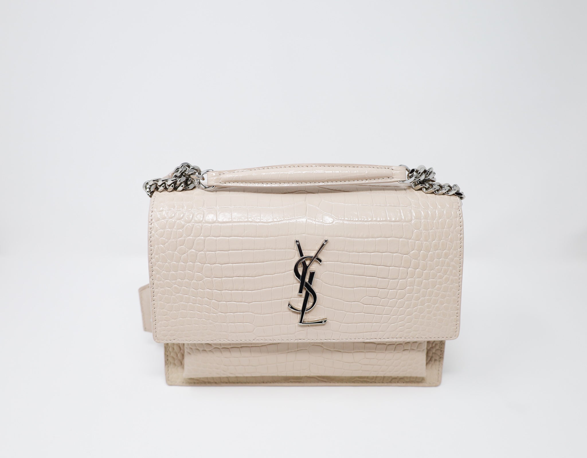 Shop Saint Laurent SUNSET SUNSET LARGE CHAIN BAG IN CROCODILE-EMBOSSED  SHINY LEATHER (498779DND0J1000) by Amery Shop
