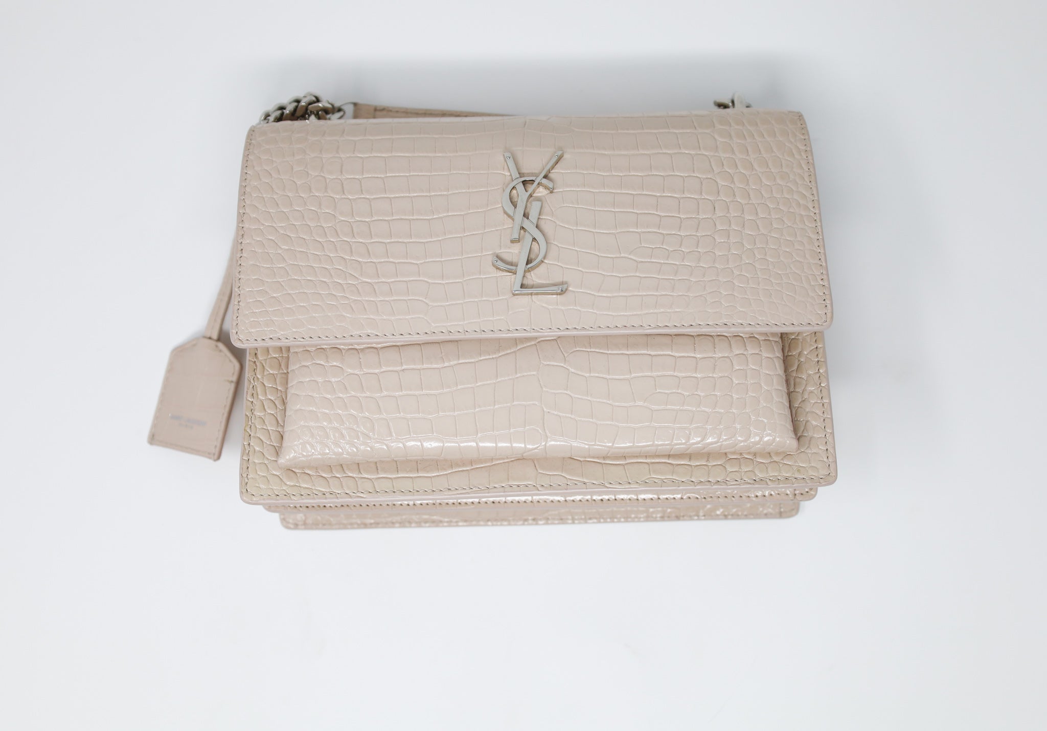 Shop Saint Laurent SUNSET SUNSET LARGE CHAIN BAG IN CROCODILE-EMBOSSED  SHINY LEATHER (498779DND0J1000) by Amery Shop