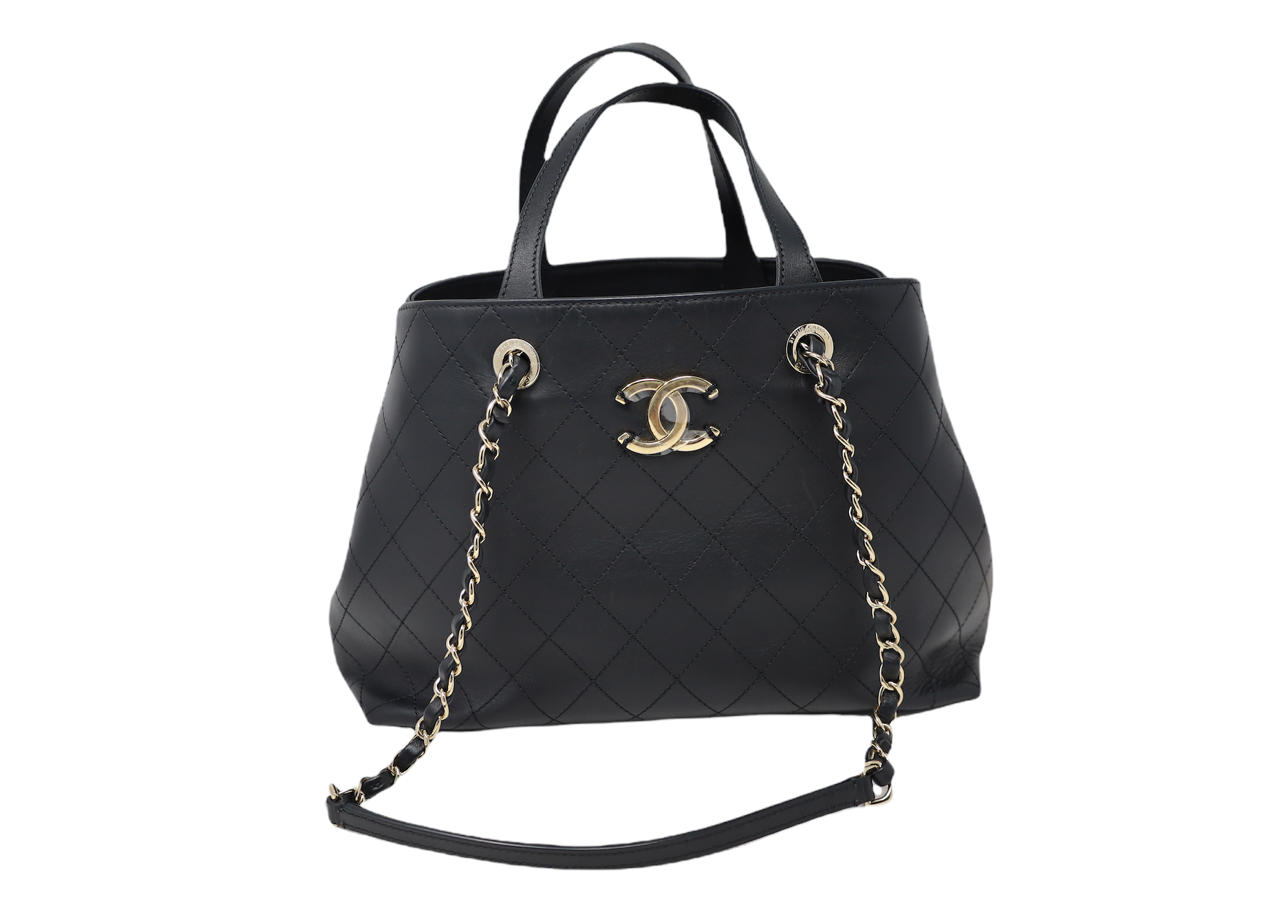 Small shopping bag, Grained calfskin & gold-tone metal, black